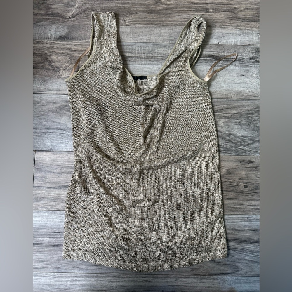 Donna Karen Open Knit Linen Blend Sleeveless Tank Top Elegant Gold Size Small